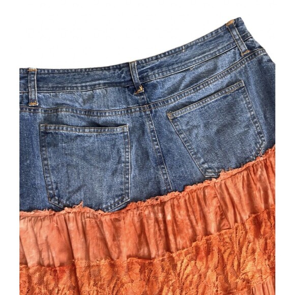 Vtg Bill Blass 100% Cotton Denim and Lace Tiered Fabric Skirt Size 6 - Picture 3 of 8